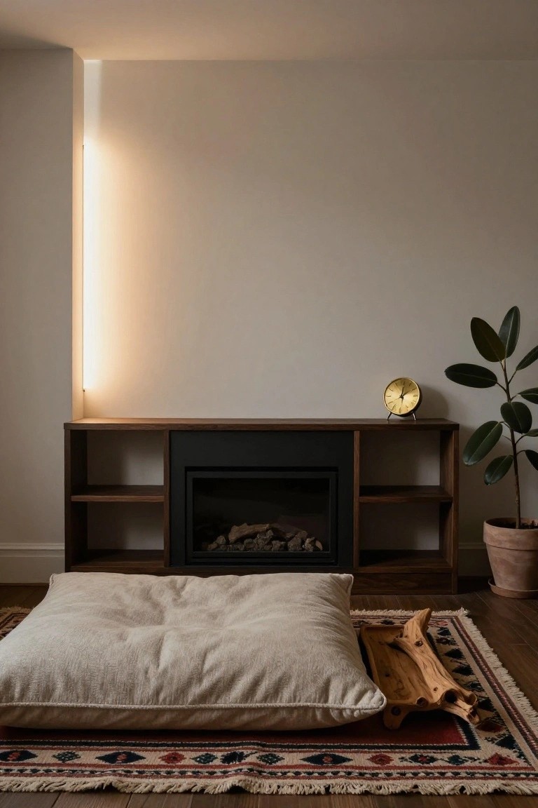 Modern interior with walnut fireplace cabinet containing a black gas insert with logs, large beige floor cushion on red-and-beige patterned rug in front, gold analog clock and potted rubber plant on cabinet top, linear wall light on left wall.