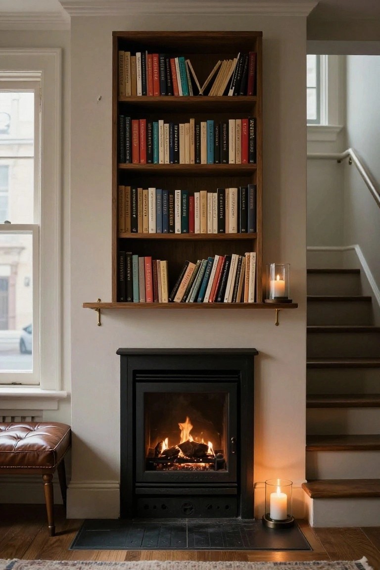 Tall wooden bookshelves filled with assorted books stand next to a lit black fireplace on a tiled hearth, with a leather bench, two candles on metal holders, a window, and wooden stairs in a light-colored room.