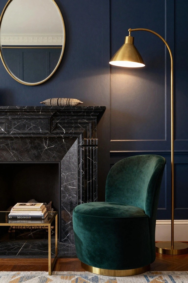 Curved green velvet pouf chair positioned beside a black marble fireplace in a navy paneled room with gold floor lamp, oval mirror, and low books on a gold metal table.