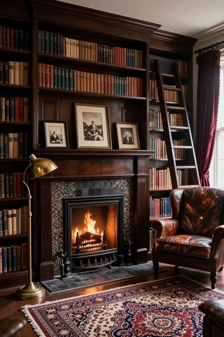 Wood-paneled library interior with tall bookshelves, rolling ladder, lit brick fireplace, brass floor lamp, leather armchair, framed portraits, and Persian rug on wood floor.