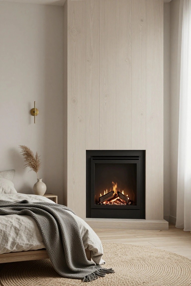 A minimalist bedroom with a low wooden platform bed next to a lit gas fireplace set into a light wood-paneled wall, gray throw blanket on the bed, pampas grass in a ceramic vase on a side table, gold wall sconce, white curtains, and beige jute rug on light wood floor.