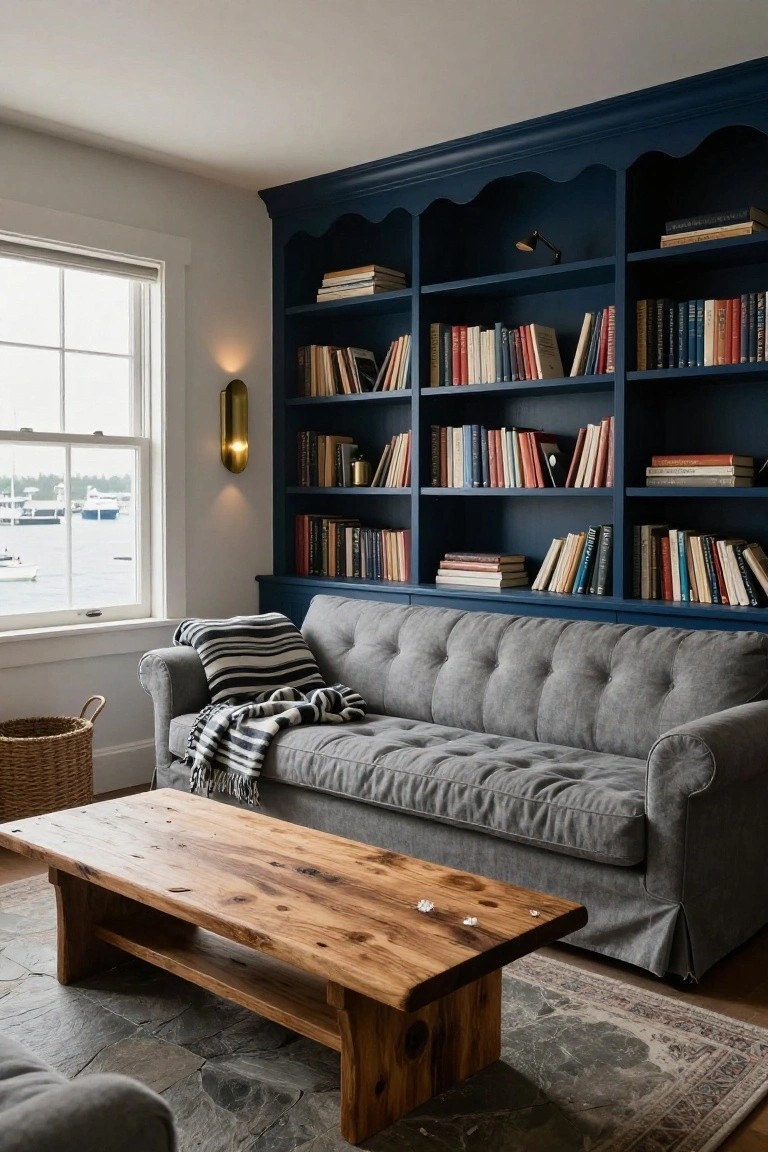 Cozy indoor reading nook with navy blue built-in bookshelves filled with books, light gray tufted sofa draped with black-and-white striped throw, rustic wooden coffee table, woven basket, and large window overlooking harbor boats.