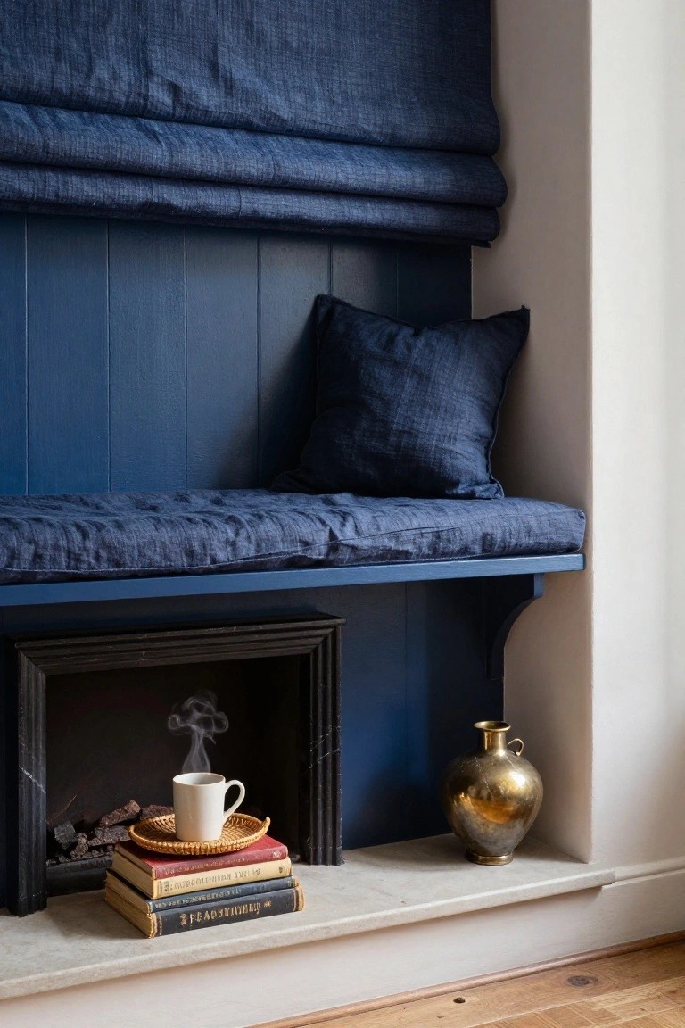 Navy linen Roman blinds over a deep blue paneled window seat with matching cushion, above a black fireplace frame on marble hearth holding stacked books, white teacup on rattan saucer with steam, and brass vase beside firewood.