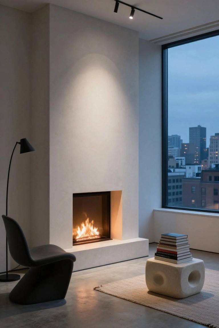 Modern living room corner featuring a black sculptural armchair next to a white recessed gas fireplace with flames, a white cubic stool holding stacked books, a black arc floor lamp, and a large floor-to-ceiling window showing a city skyline at dusk.