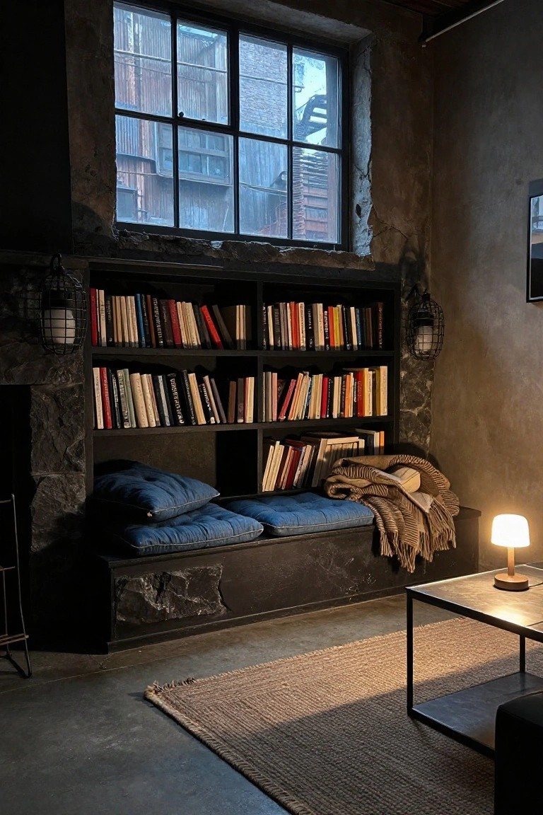 Dimly lit industrial-style room with stone walls, wooden bookshelves flanking a built-in blue-cushioned bench under a large multi-pane window, tan throw blanket, small table with white lamp, seagrass rug, and concrete floor.