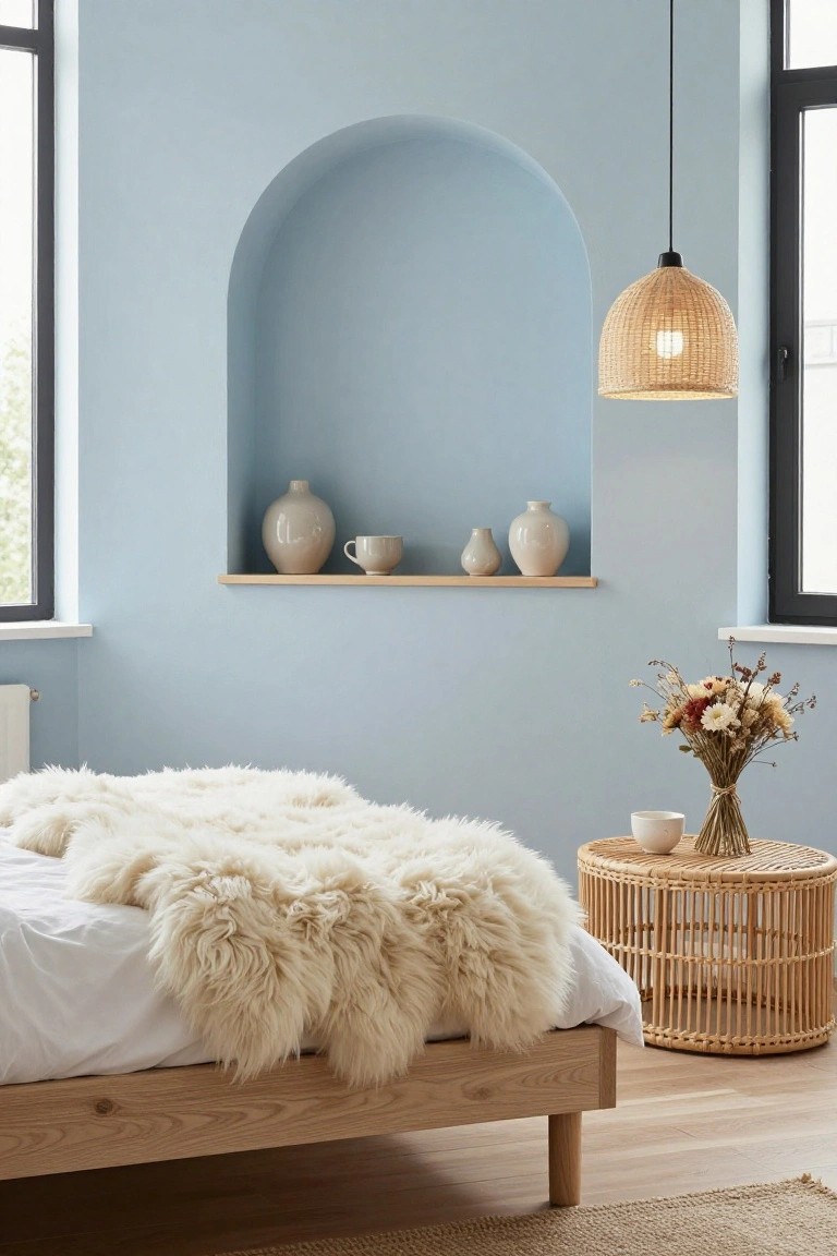 Bedroom with pale blue walls and an arched wall niche displaying three white ceramic pieces on a wood shelf, rattan pendant light hanging above, wooden platform bed draped with white sheepskin throw, rattan side table holding teacup and dried flowers bouquet beside large windows.