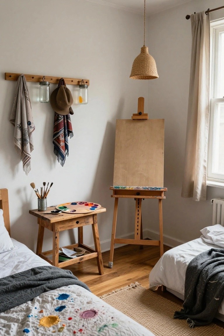 Cozy art studio with easel, paints, woven lamp, and colorful textiles on beds.