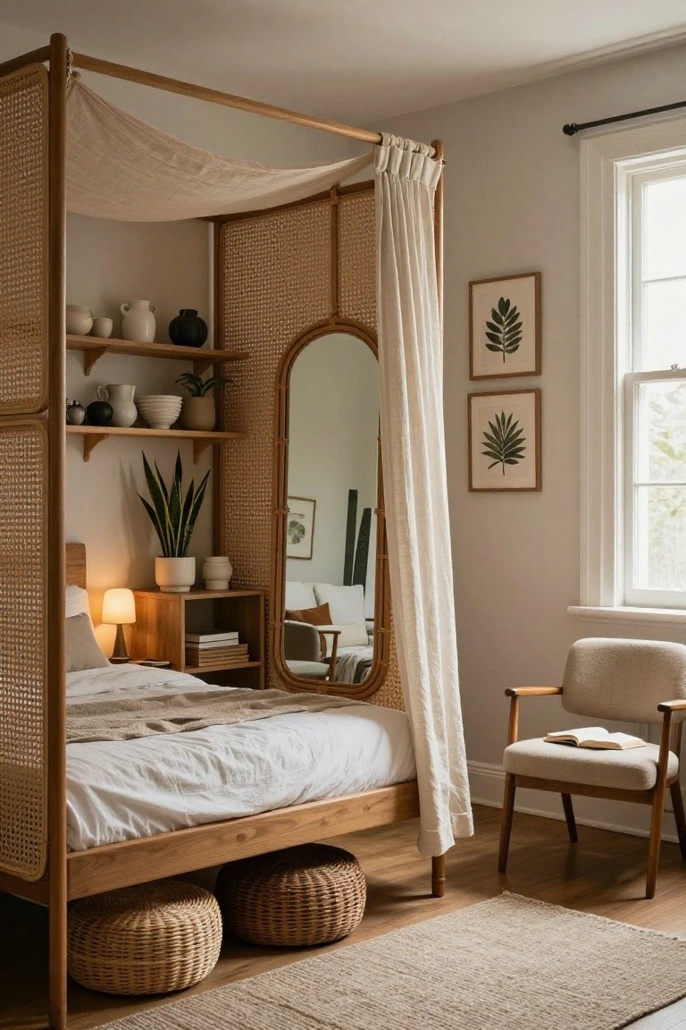 A bedroom interior with a tall wooden and cane canopy bed frame draped in white fabric, integrated shelves displaying pottery and plants, a large arched mirror, bedside lamp on a wooden nightstand, and a nearby upholstered chair.