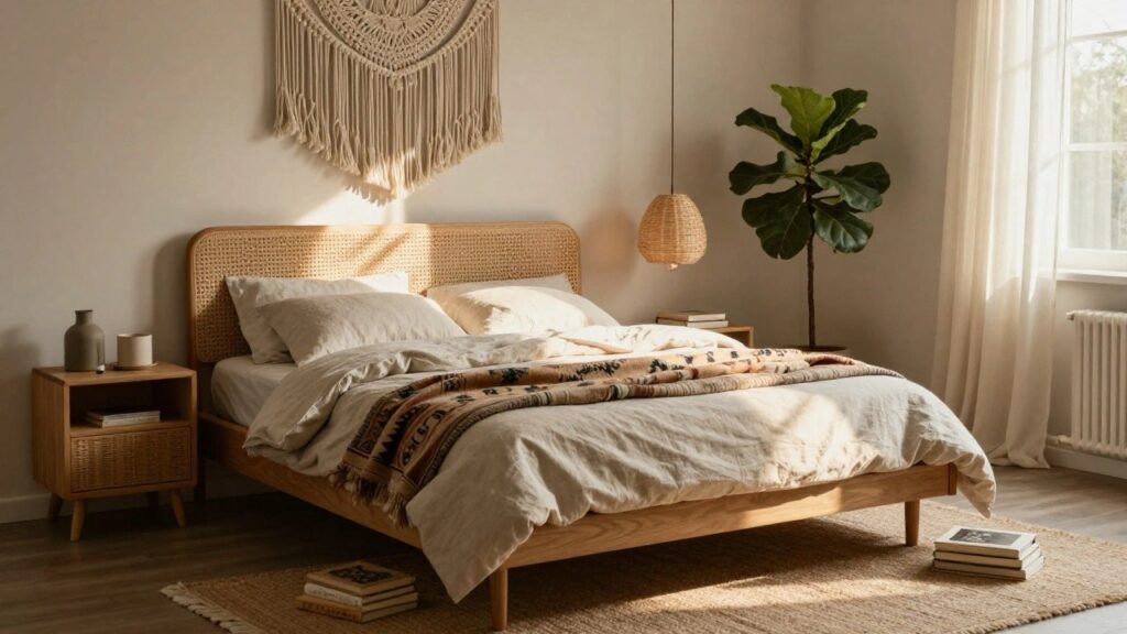 Bedroom with rattan-woven headboard and nightstand on wooden bed frame, white and beige linens with colorful throw, macrame wall hanging, seagrass rug, stacked books on floor, fiddle leaf fig plant in terracotta pot, and woven pendant light.