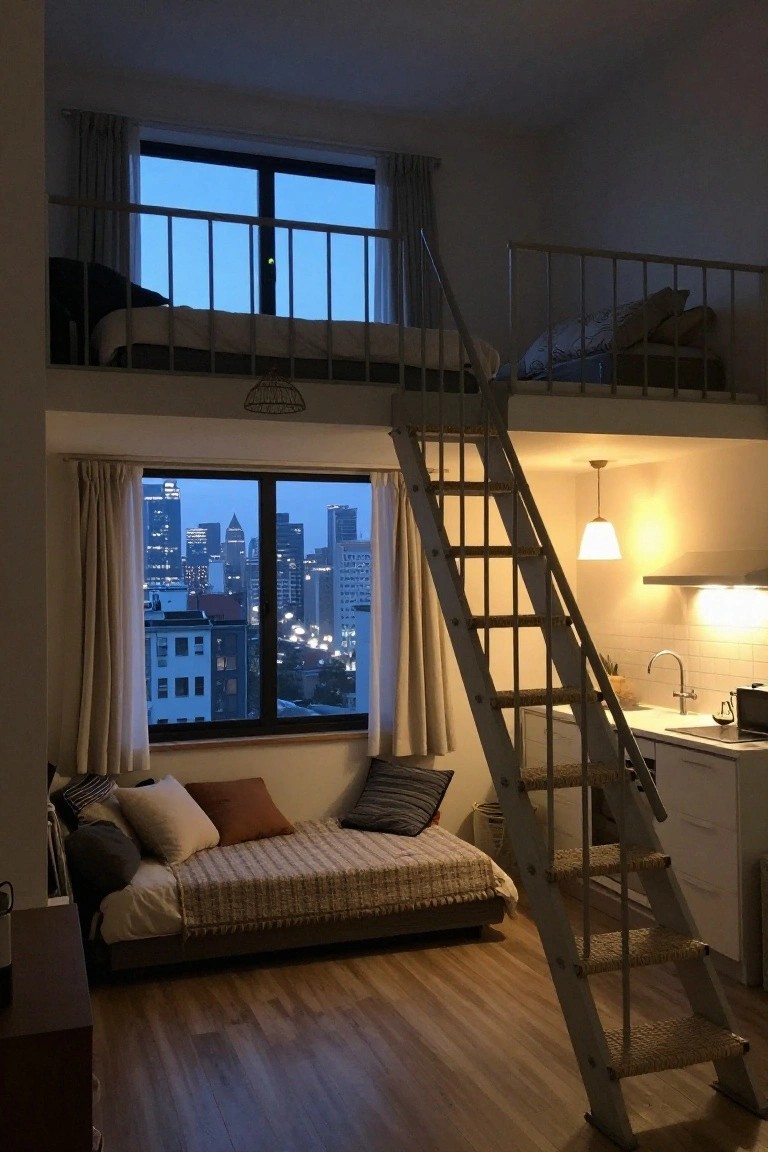 Compact apartment interior featuring a lofted bed with metal railing accessed by gray stairs wrapped in rope, a low beige daybed with pillows on the floor below, white kitchenette, and large windows showing city buildings at dusk.