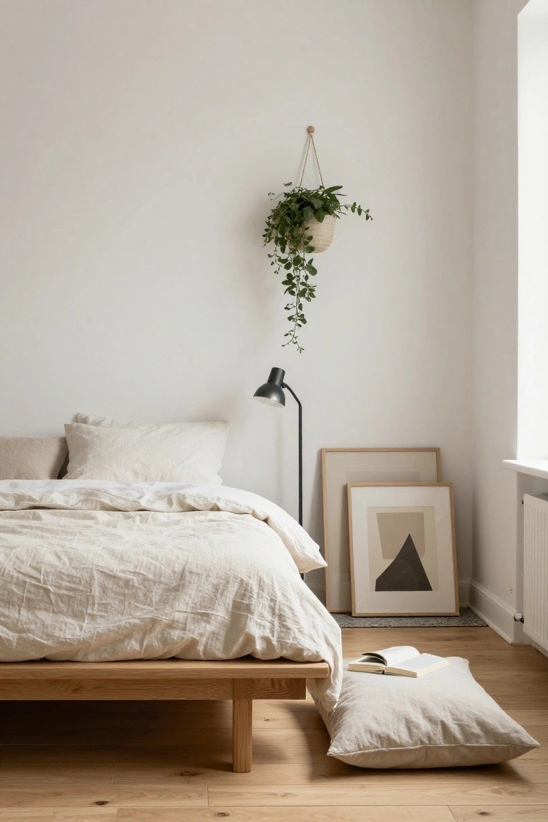 Minimalist bedroom with low wooden platform bed draped in white linen bedding, black floor lamp, hanging plant in woven basket, two leaning art frames, and large floor pillow on light oak floors.