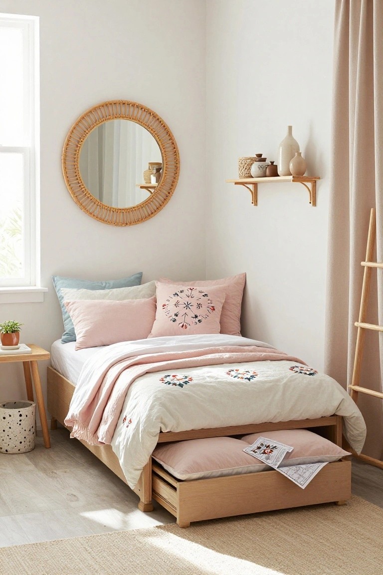 Corner of a light bedroom with low wooden platform bed covered in white and pink quilted bedding, pink pillows, under-bed storage drawers with pink cushions, rattan mirror on wall, wooden shelf with vases, plant on side table, ladder, and beige rug on wood floor.