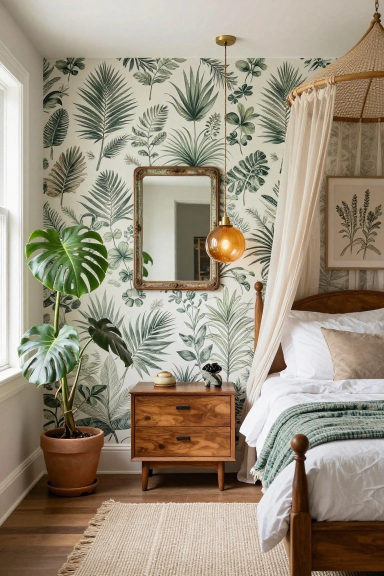 Bedroom with green palm leaf and fern wallpaper on one wall, large potted monstera plant in terracotta pot, wooden canopy bed with white bedding and green throw, wooden nightstand, amber glass pendant light, and gold mirror.