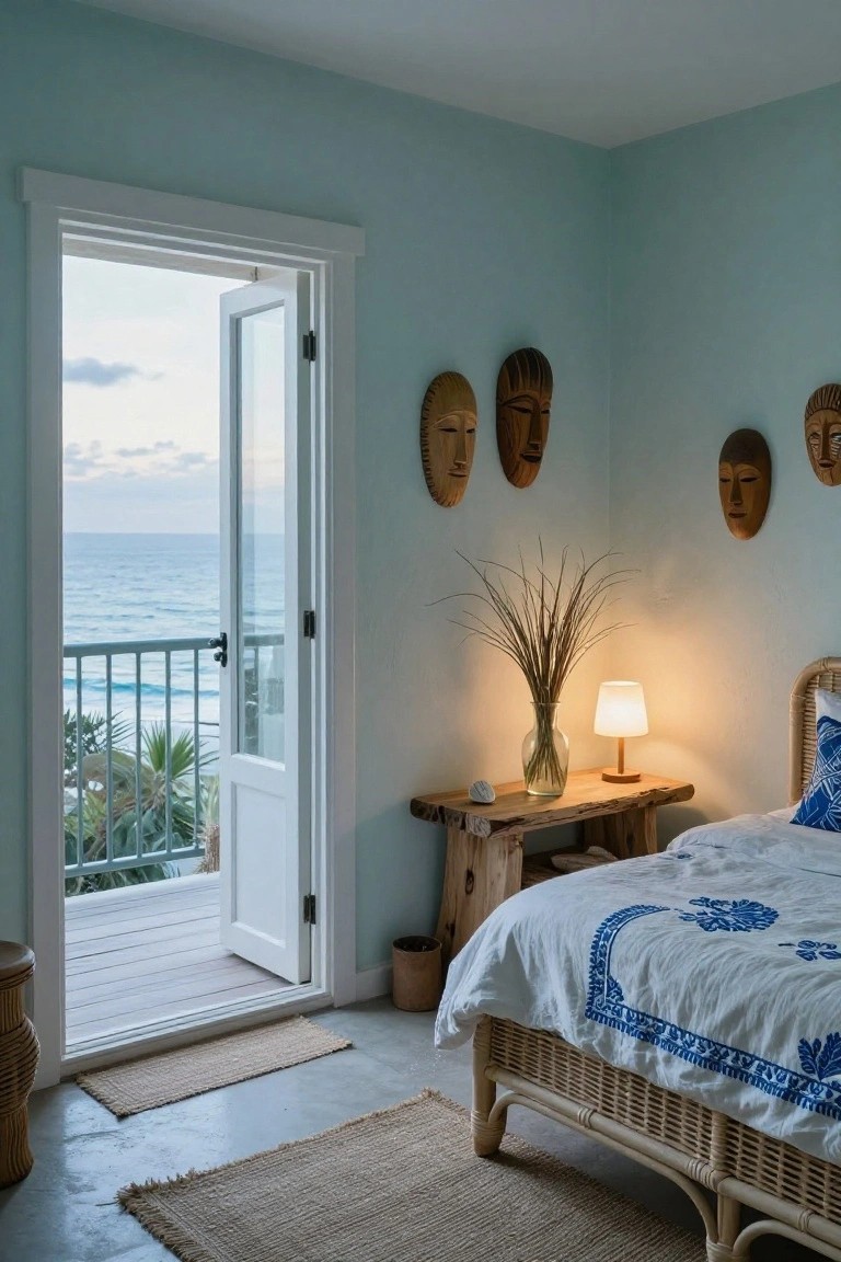 Light blue bedroom with rattan bed, wooden side table holding lamp and pampas grass in glass vase, wooden tribal masks on walls, open white French doors to balcony overlooking ocean, palm trees, and railing.
