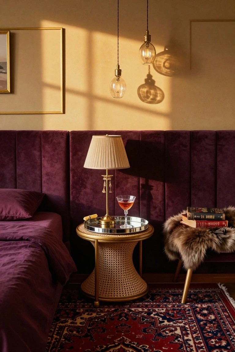 Bedroom corner showing purple velvet tufted headboard, gold lamp with martini glass on rattan side table, fur-covered stool with books, and red Persian rug.