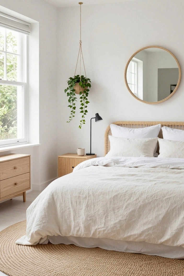 Corner view of a white bedroom with rattan-woven headboard on a bed dressed in white linen sheets and pillows, light wood nightstand with black lamp and mug, round rattan mirror on wall, hanging potted plant from ceiling, dresser nearby, jute rug on floor, and window with roller blind.