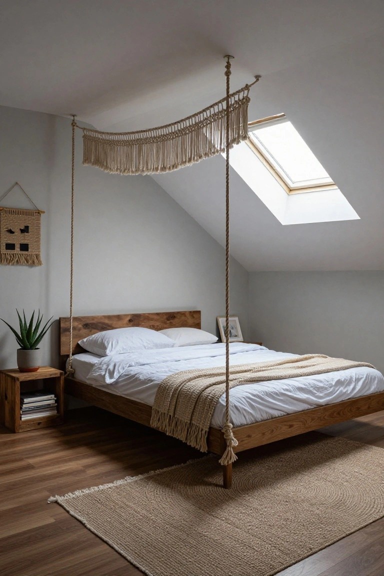 Wooden platform bed suspended by knotted ropes from sloped white ceiling in attic bedroom with skylight, macrame fringe canopy, white sheets and throw, side table with aloe plant, framed art, and seagrass rug on wood floors.