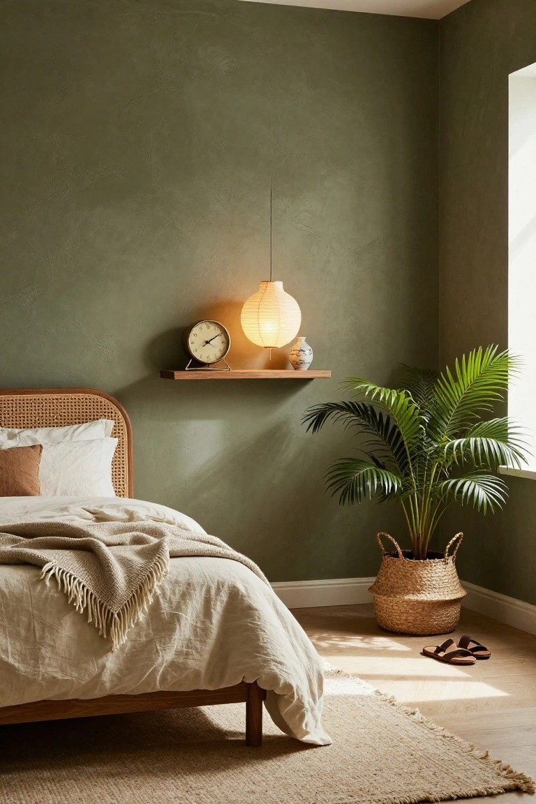Bedroom corner with sage green textured walls, rattan bed frame topped with white pillows and beige throw blanket, wooden floating shelf holding gold clock and paper lantern light plus vase, tall palm plant in woven basket on wooden floor beside seagrass rug and sandals.