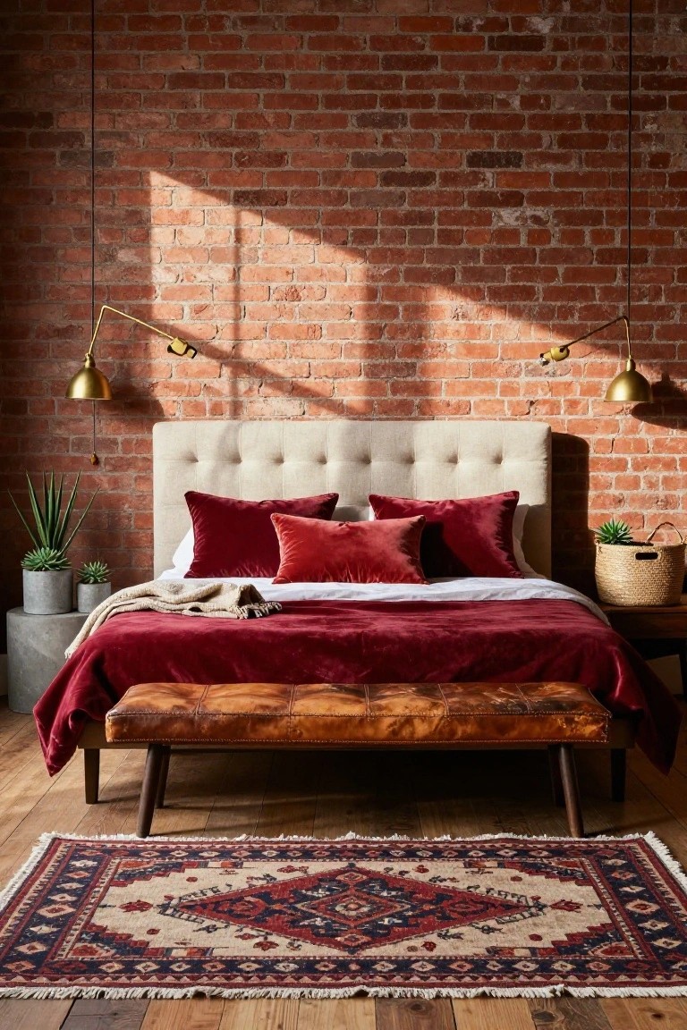 Bedroom with exposed red brick walls, beige tufted headboard, white sheets topped with red velvet pillows and duvet, tan leather bench, potted succulents, gold pendant lights, woven basket, wood side table, and patterned rug on wood floors.