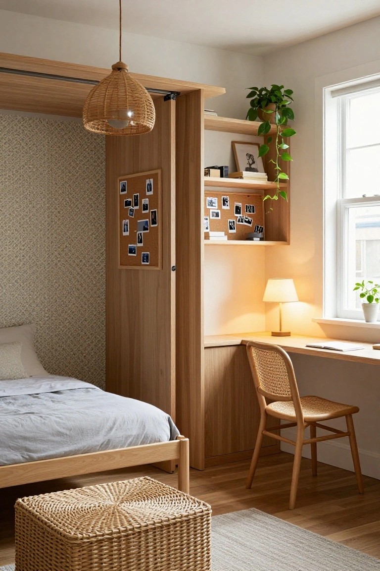 Small apartment bedroom with open light wood Murphy bed, integrated desk and open shelving with books photos and plants, rattan chair, woven pendant light, desk lamp, potted plants, and textured wallpaper on wood floors.