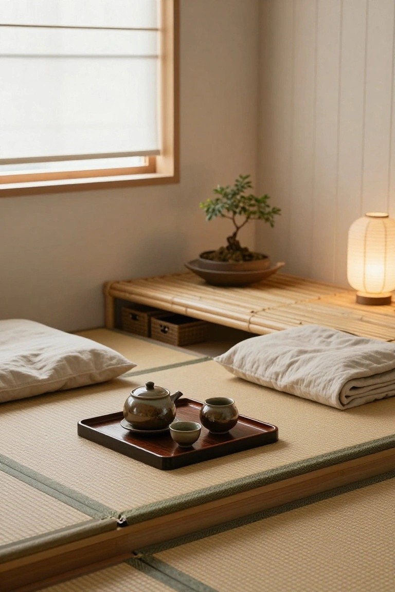 Japanese-style indoor room with light-colored tatami mat flooring, low futon bedding with white pillows and sheets, wooden tray holding teapot and cups, bonsai plant on bamboo bench nearby, paper lantern lamp, and shoji window shades.