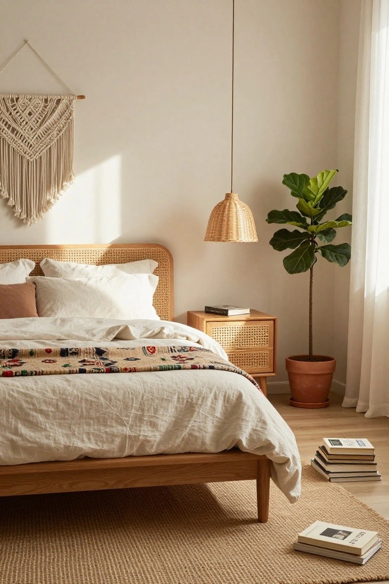 Bedroom with rattan-woven headboard and nightstand on wooden bed frame, white and beige linens with colorful throw, macrame wall hanging, seagrass rug, stacked books on floor, fiddle leaf fig plant in terracotta pot, and woven pendant light.