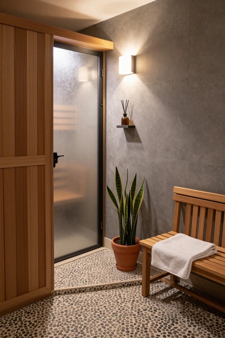 Open wooden door to a frosted glass sauna entrance, with a wooden bench holding a white towel nearby, snake plant in orange pot, wall shelf with diffuser, and pebble stone floor.