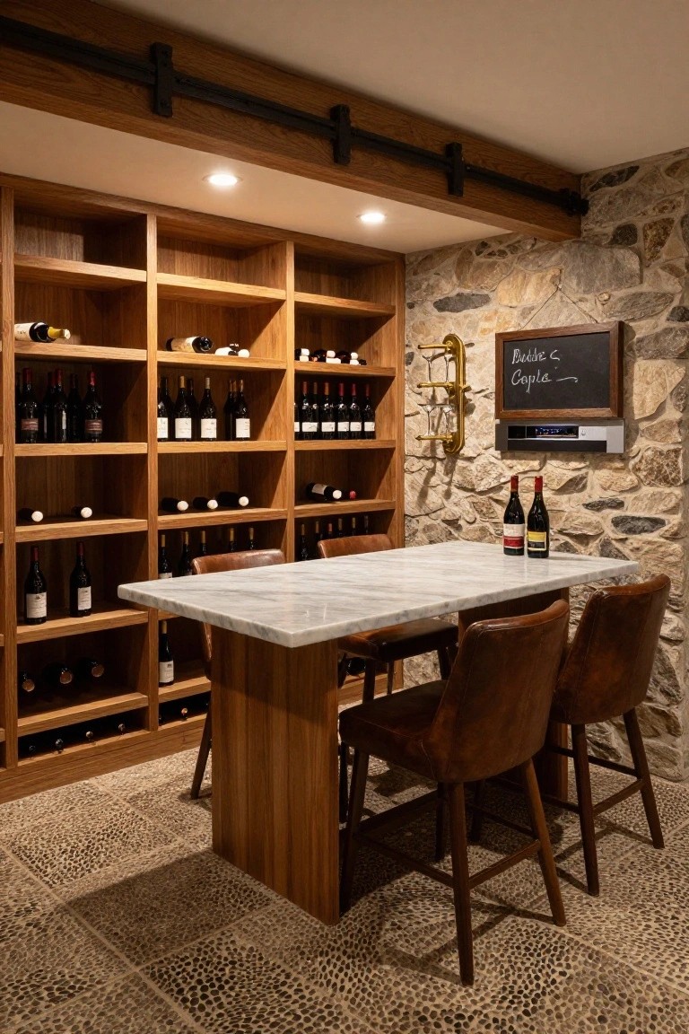 Basement wine cellar interior with wooden shelving racks stocked with wine bottles, a rectangular white marble-topped wooden table, four brown leather bar stools, stone accent wall, and blackboard display.