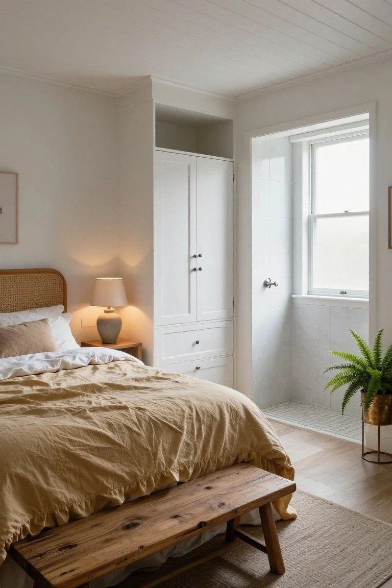 A bedroom with rattan headboard bed dressed in beige linens, wooden bench at foot, bedside table with lamp, tall white wardrobes, and open doorway to adjacent white-tiled bathroom with glass shower and potted fern.