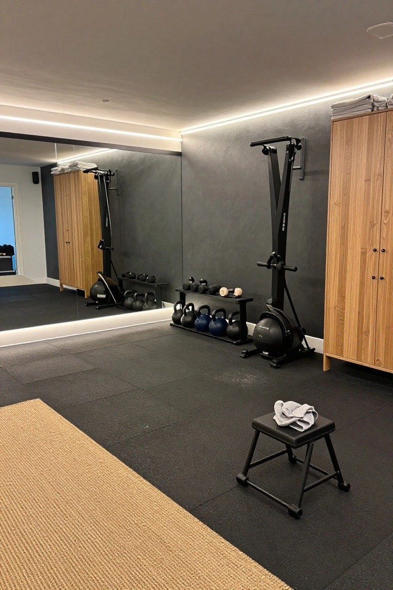 Basement home gym with black rubber flooring, full wall mirror, wooden cabinets, kettlebell and dumbbell rack, ski erg, rowing machine, and exercise bike.