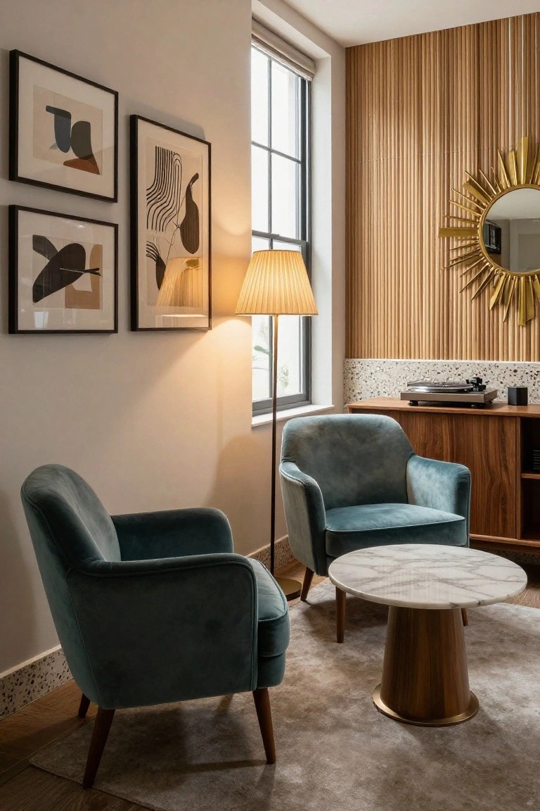 Interior corner with two turquoise velvet armchairs facing a marble-topped brass table, tall pleated floor lamp, three abstract artworks on wall, vertical wood slat paneling, window, gold sunburst mirror, and wood credenza holding a turntable.