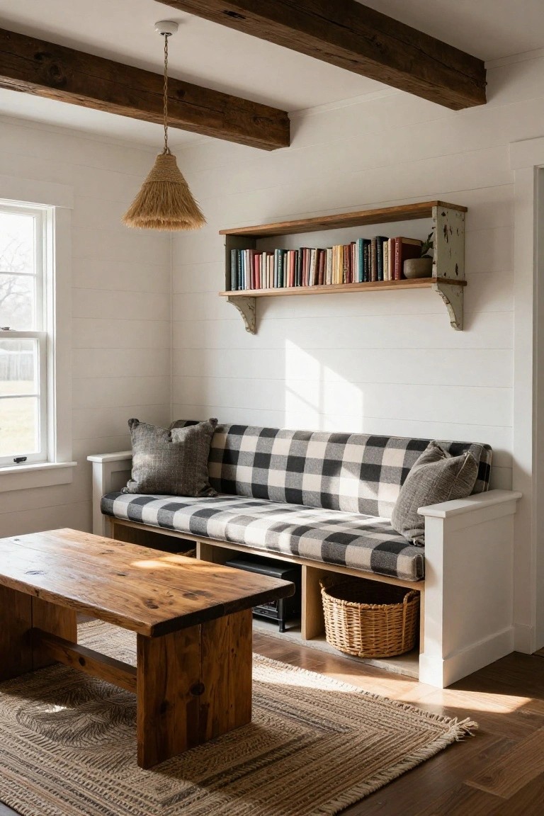 Cozy interior room with black-and-white checkered built-in bench seat with gray pillows, wooden coffee table, woven basket in cabinet storage, books on wooden shelf brackets against white shiplap wall, rattan pendant light, and jute rug on wood floor.