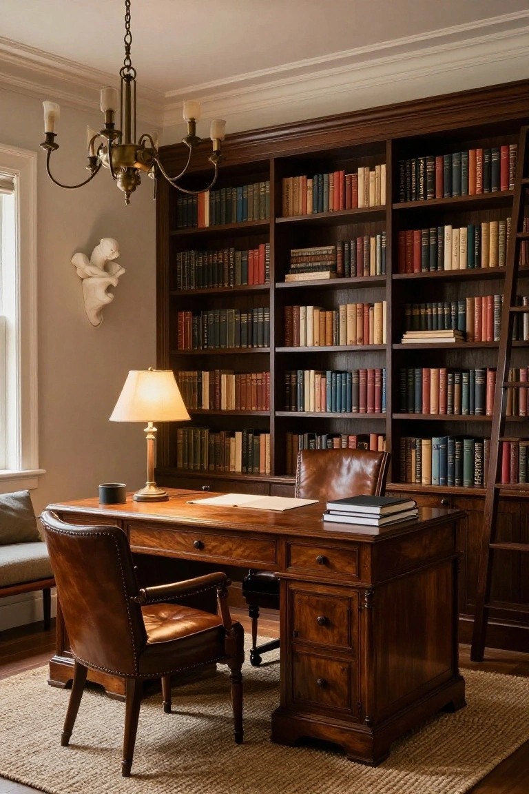 A wood-paneled study room with floor-to-ceiling built-in bookshelves filled with books, a wooden desk, two leather chairs, a brass chandelier, a table lamp, and a rolling ladder.