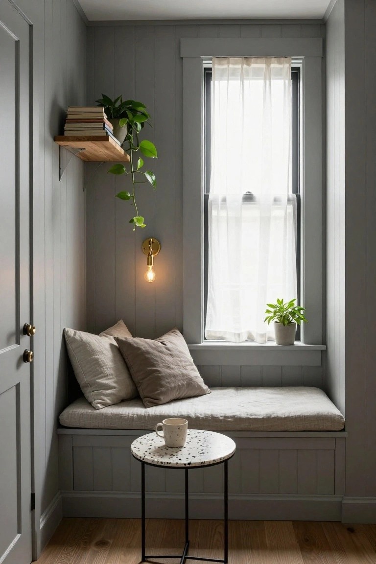 Gray paneled room featuring a built-in window bench with beige cushions, a small round table holding a cup, potted plants on the shelf and windowsill, books stacked nearby, and a lit wall sconce beside sheer-curtained double windows.