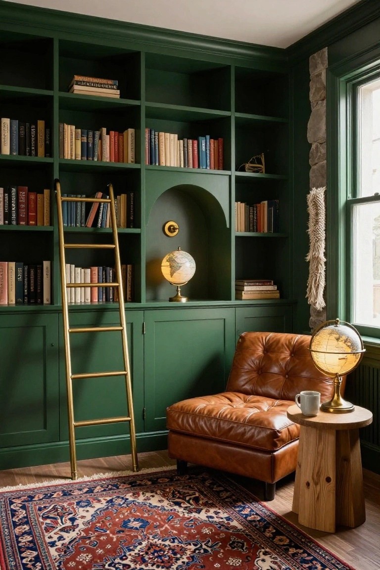 Corner room featuring dark green built-in bookshelves filled with books, gold rolling ladder, leather armchair next to a wood side table with globe lamp and coffee mug, Persian rug on hardwood floor, and window with stone wall.