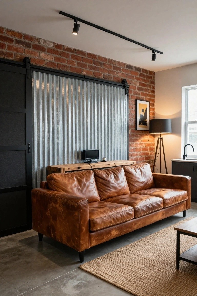 Living room with tan leather three-seater sofa, exposed brick wall, black sliding door with corrugated metal panel, wood shelf holding a small speaker, track lighting, tripod lamp, seagrass rug, and polished concrete floor.