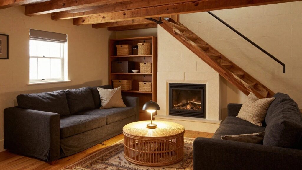 Cozy living room with exposed wooden ceiling beams, white fireplace flanked by wooden bookshelves filled with baskets and books, gray sofa, round wooden pedestal coffee table on a patterned rug, and a floor lamp near a window.