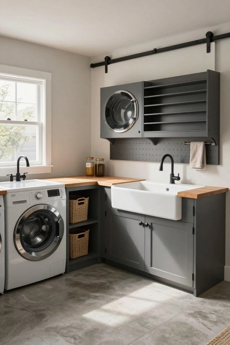 A corner laundry room with white front-load washer and dryer, gray cabinets and open shelving above the dryer, wooden countertop, white farmhouse sink, black faucet, pegboard backsplash with towel hook, and concrete floor.