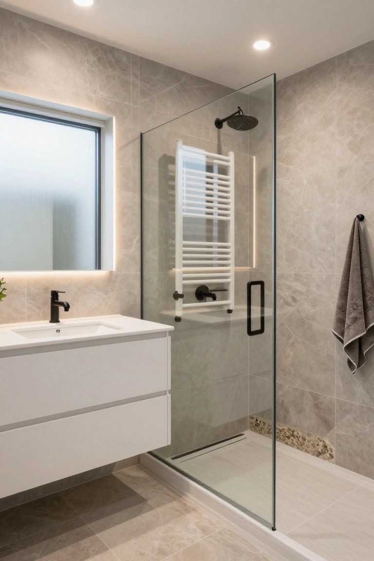 Modern bathroom with light gray marble-patterned tiles on walls and floor, frameless glass shower enclosure with black rain showerhead and towel warmer, white floating vanity with black faucet, and small plant.
