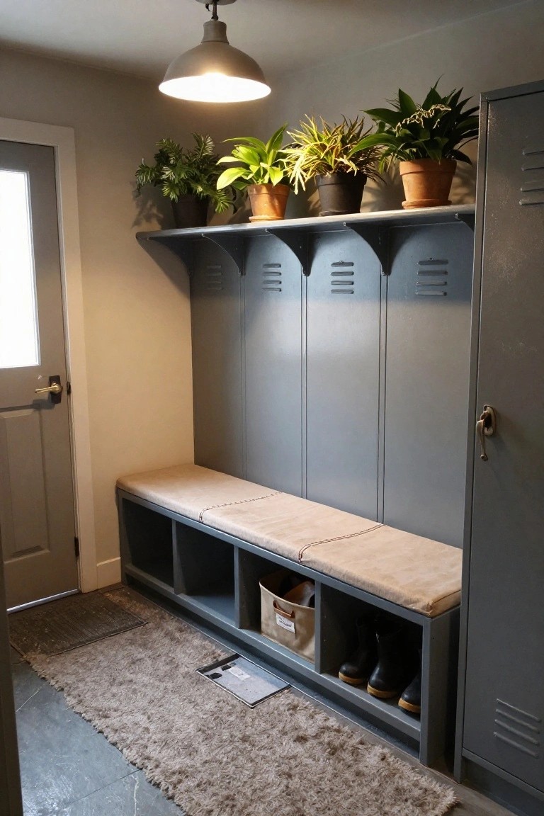 Gray metal lockers on a wall with plants on a wooden shelf above, built-in wooden bench with beige cushion and boot storage cubbies below, gray door, and shag rug on concrete floor in an indoor mudroom.