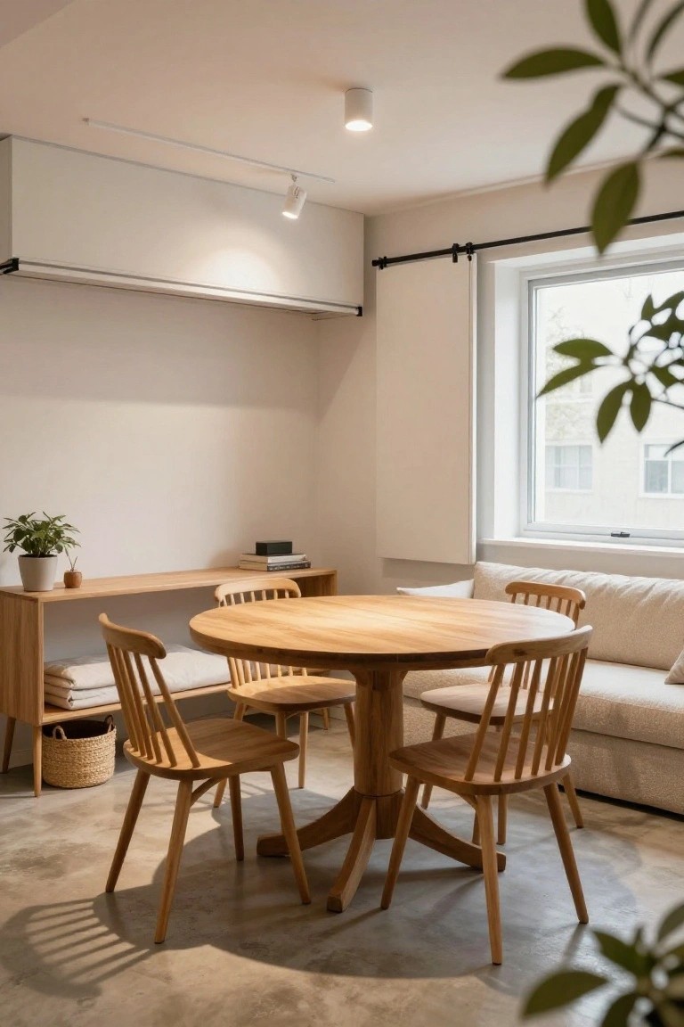 Light-filled room with polished concrete floor, round oak pedestal dining table surrounded by four wooden spindle-back chairs, wooden sideboard holding books and a plant pot, white cushioned bench sofa, and large window with plants nearby.