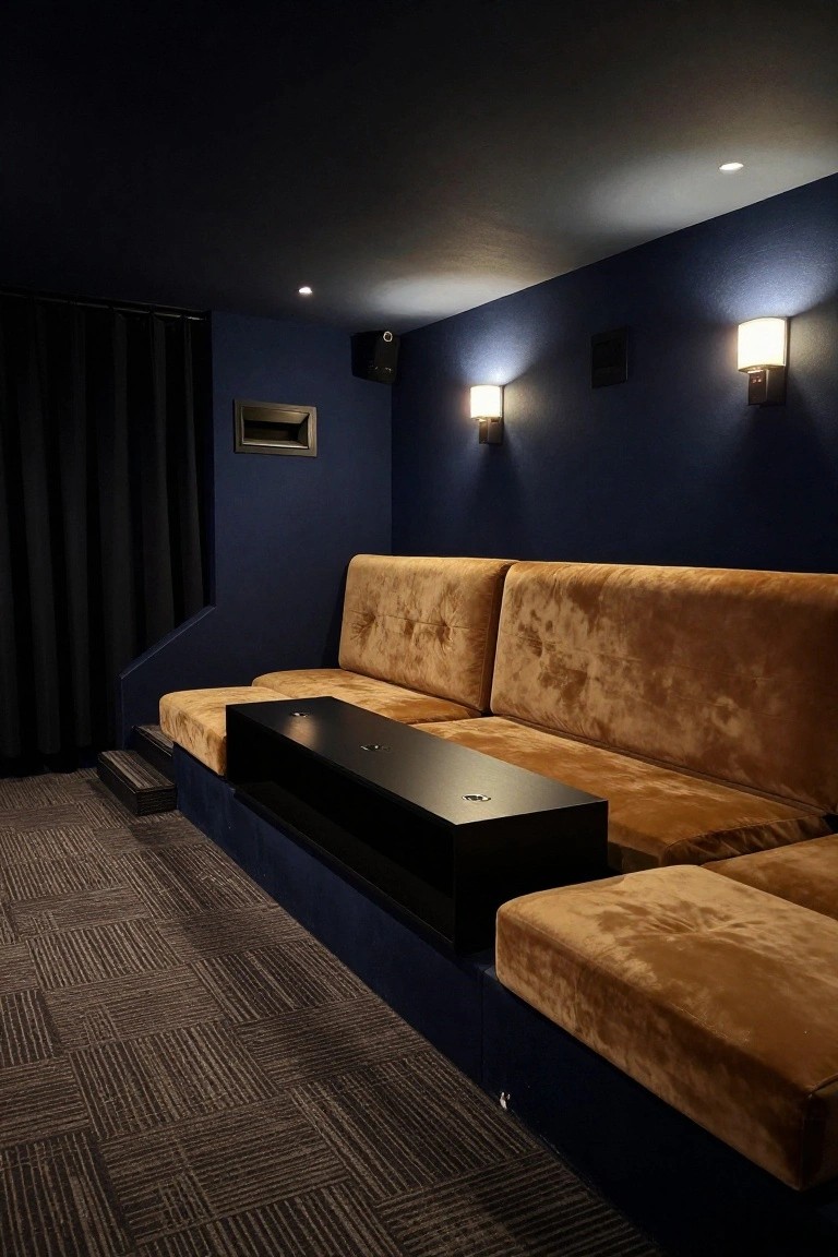 Dimly lit basement room with navy blue walls, mustard-colored tufted velvet benches in an L-shape around a black rectangular console, built-in steps, black curtains, recessed ceiling lights, and wall sconces.