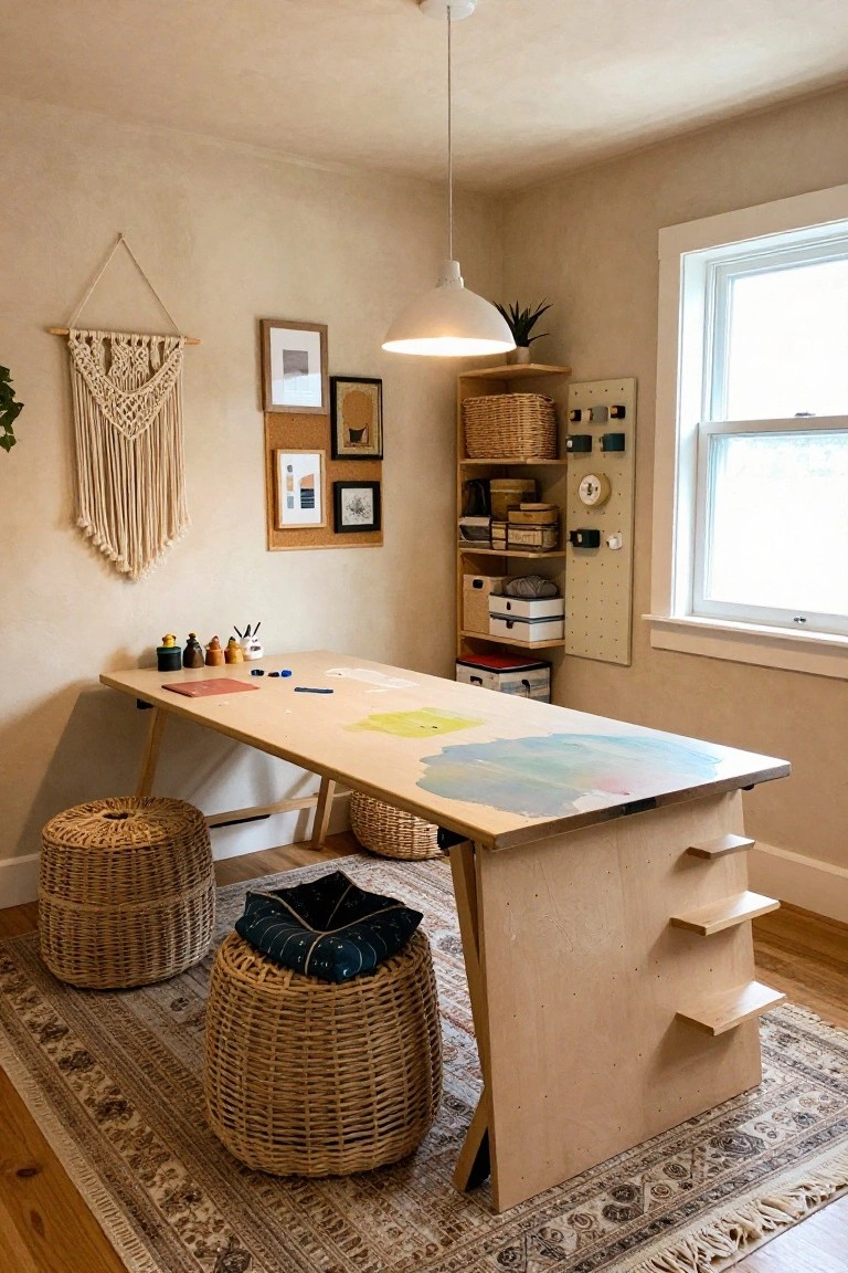 A beige-walled room with a large light wood desk on angled legs and protruding side shelves, wicker basket stools underneath, open shelving with bins and baskets on the wall, macrame hanging, plants, and art supplies on the desk top near a window.