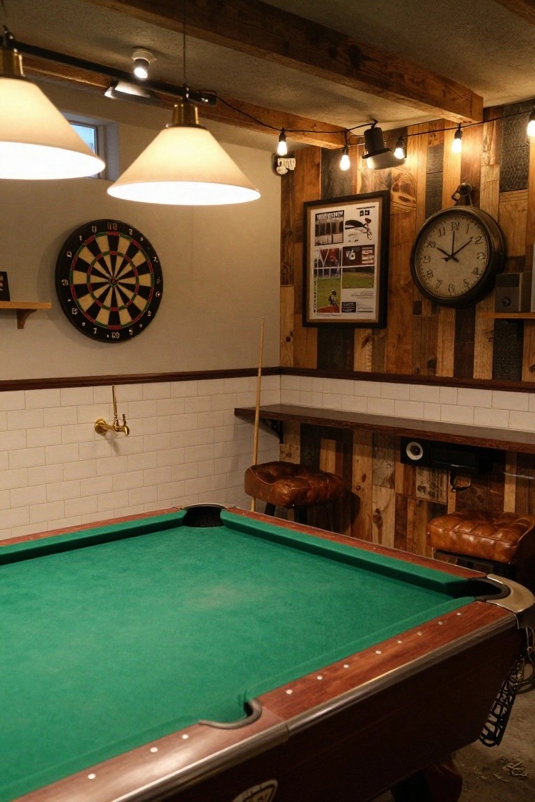 Basement interior with green pool table as focal point, rustic wood-paneled walls and ceiling beams, dartboard on wall, bar counter with leather stools, brass sink faucet, and pendant lights.