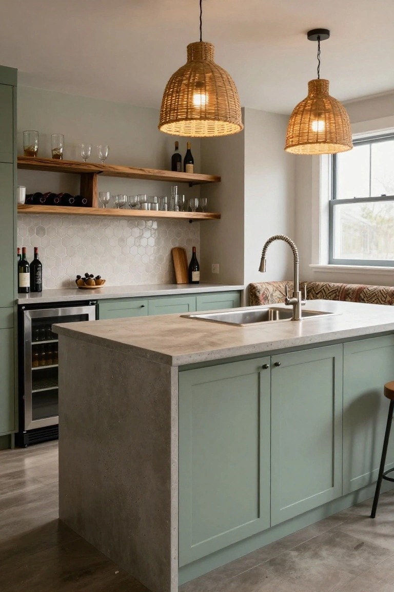 Kitchen with sage green cabinets, concrete-topped island, white hexagonal tile backsplash, rattan pendant lights, wood shelves holding wine bottles and glasses, and a beverage cooler.