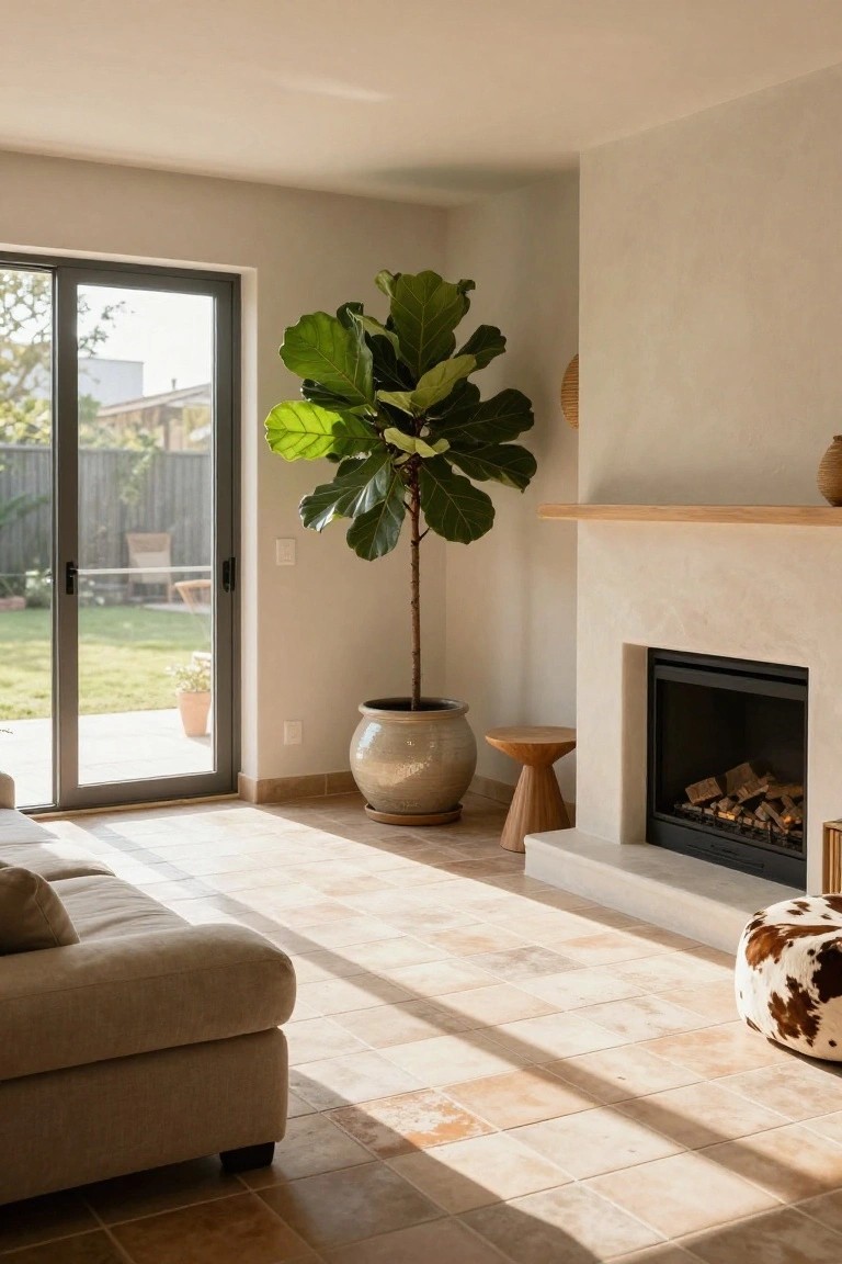 Living room corner with a tall fiddle leaf fig in a large ceramic pot, beige sofa, cowhide ottoman, wood stool, gas fireplace, and sliding glass doors to backyard garden.