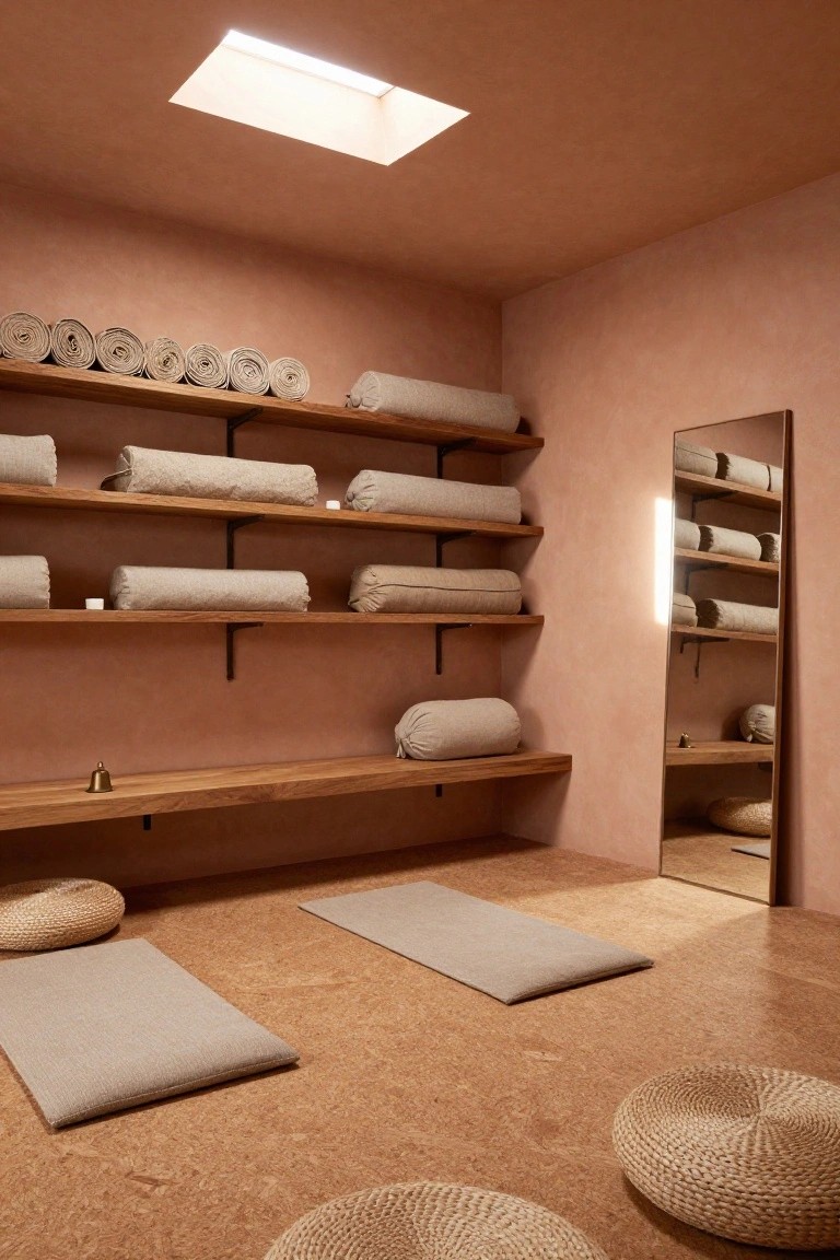 Interior yoga room with terracotta plaster walls, wooden shelves holding rolled beige towels and bolsters, cork flooring, gray yoga mats, seagrass cushions, full-length mirror, brass bell, and skylight.