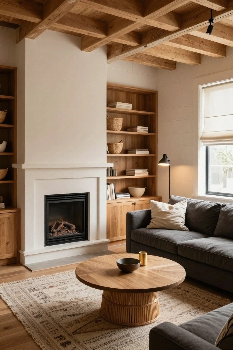 Cozy living room with exposed wooden ceiling beams, white fireplace flanked by wooden bookshelves filled with baskets and books, gray sofa, round wooden pedestal coffee table on a patterned rug, and a floor lamp near a window.