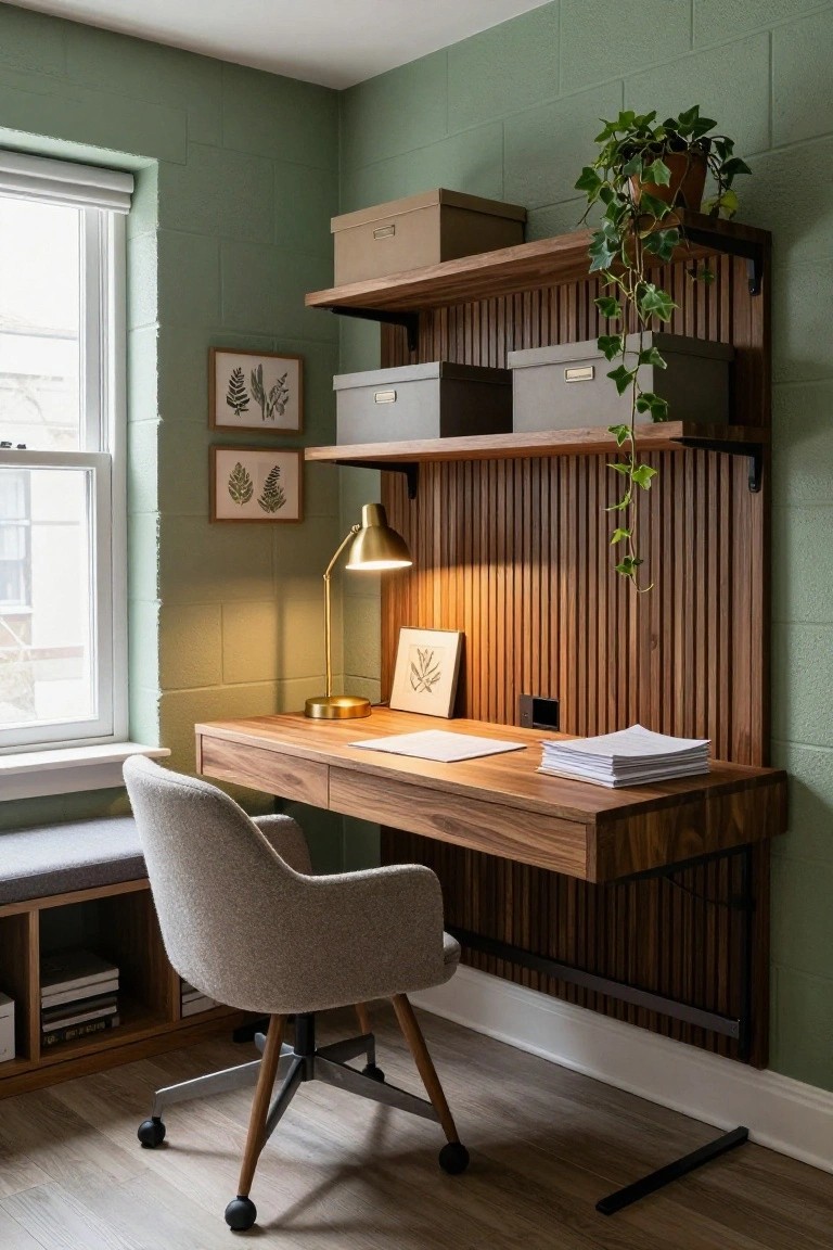 Green cinder block wall with wooden slatted paneling behind an integrated walnut desk, open shelves holding beige boxes and plants, gold desk lamp, upholstered swivel chair, and window with roller shade in a basement home office.