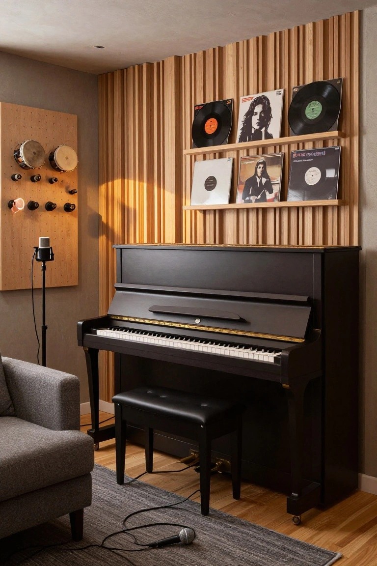 Interior room with light wood slat wall behind shelves holding vinyl records, black upright piano with bench, pegboard displaying drums and cymbals, microphone stand, gray armchair, and gray rug on wood floor.